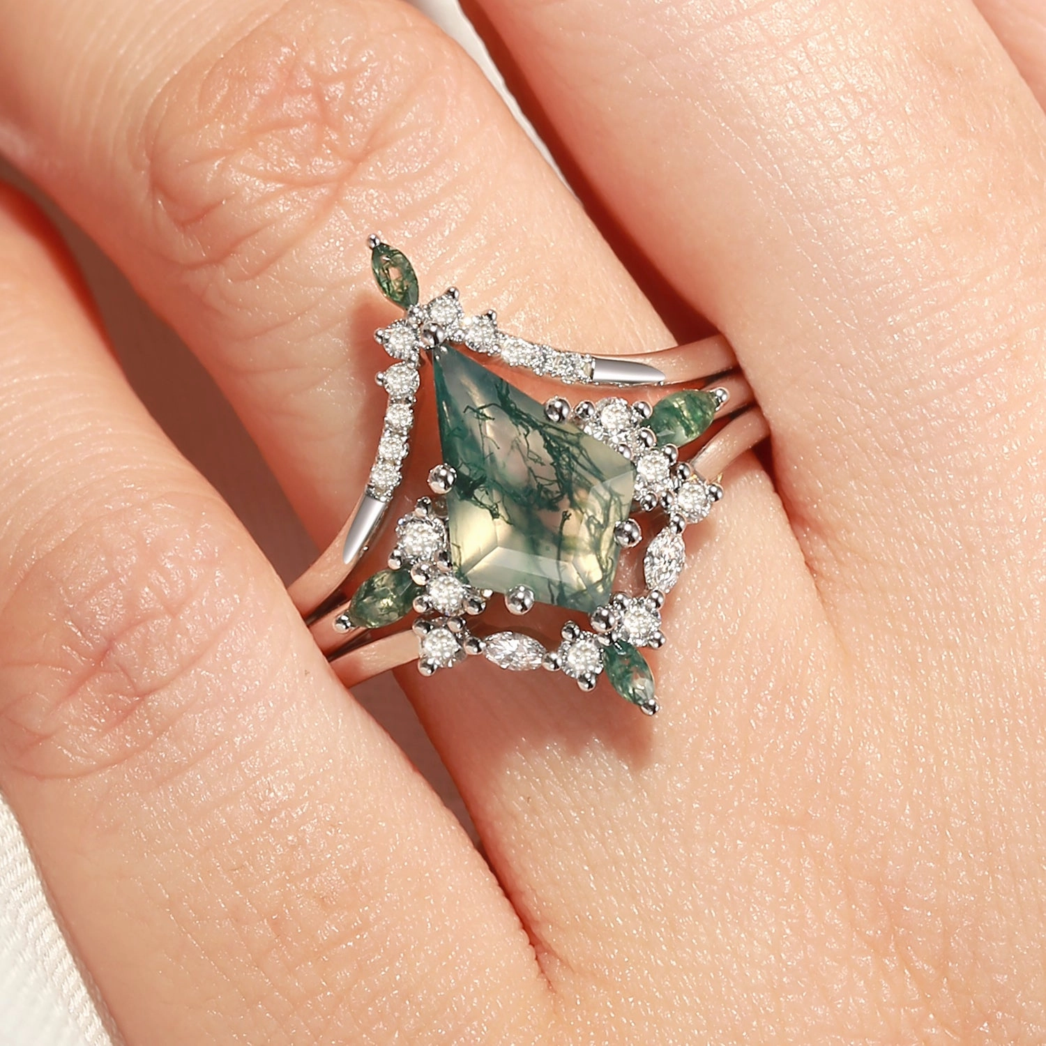 Unique Kite Cut Green Moss Agate Chevron Engagement Ring Set 3pcs - Tessa Balanced Detail