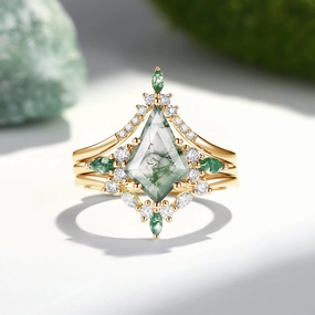 Gift Appeal Unique Kite Cut Green Moss Agate Chevron Engagement Ring Set 3pcs - Tessa