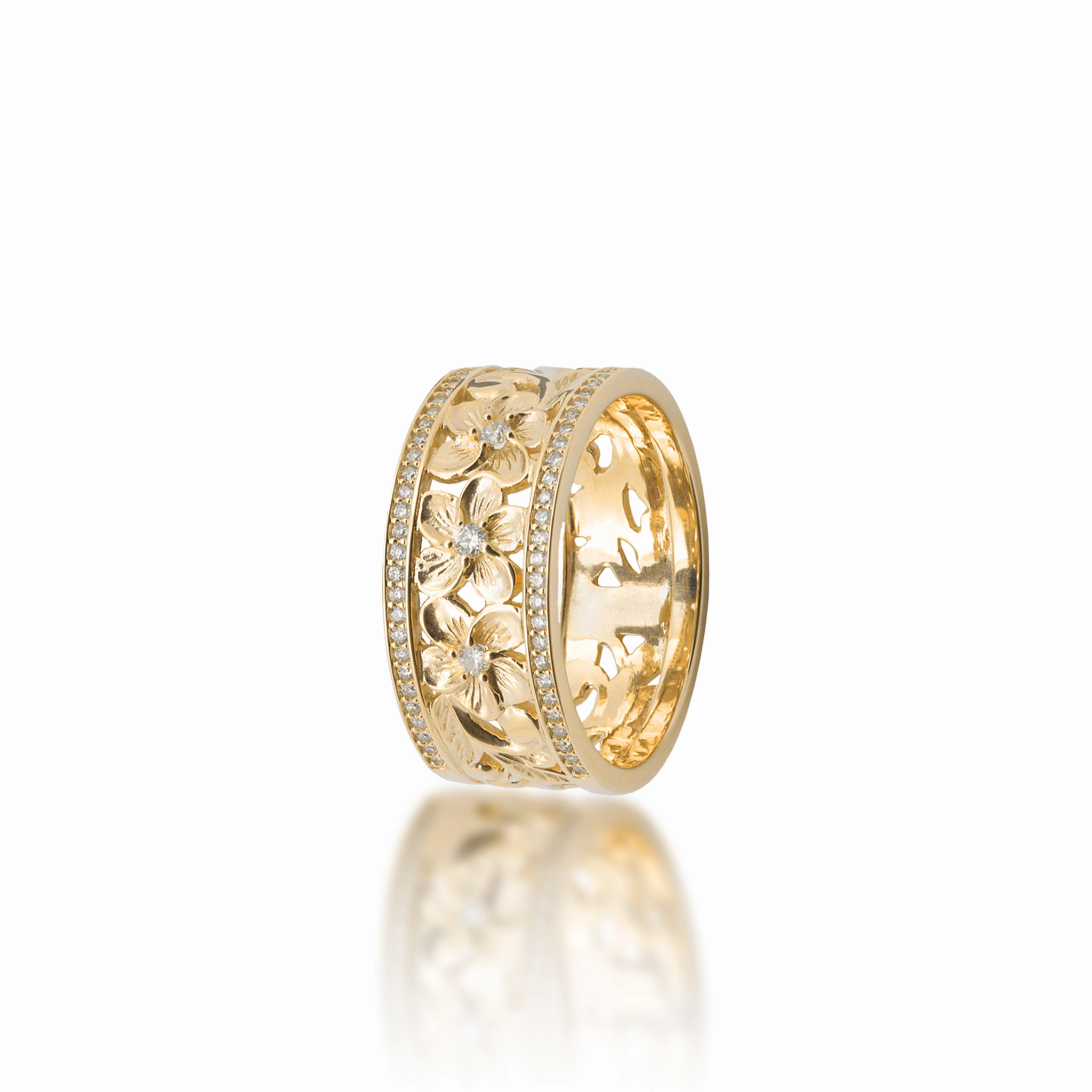 Excellent Statement Fresh Vibe Hawaiian Heirloom Plumeria Ring in Gold with Diamonds -10mm