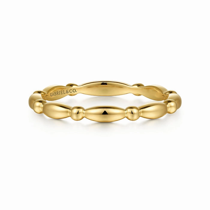 14K Yellow Gold Orzo Shape and Bujukan Bead Station Stackable Ring Low-Cost Object