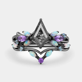 Black Rutilated Quartz & Opal & Amethyst Unique Engagement Ring Set 2pcs - Bella Edgy Mood Graceful Choice