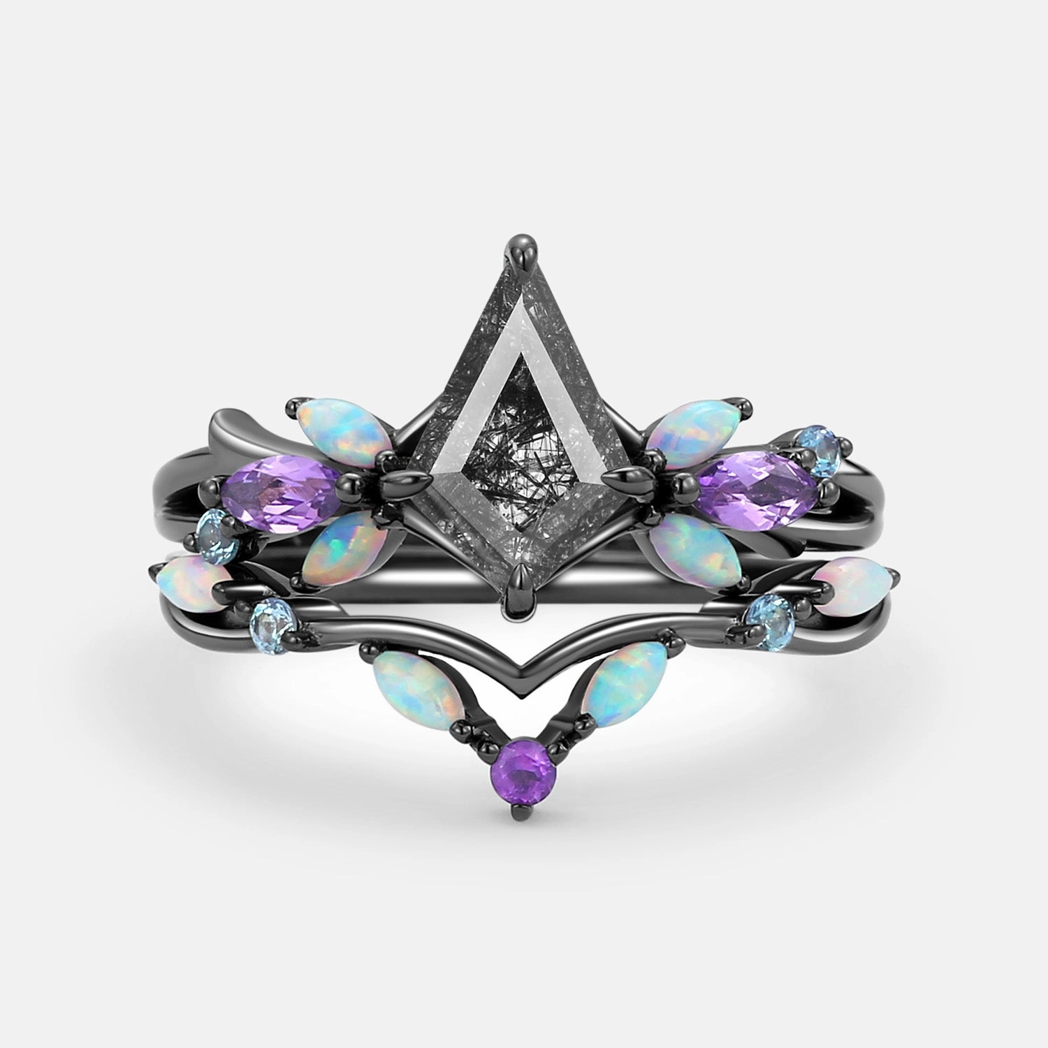 Black Rutilated Quartz & Opal & Amethyst Unique Engagement Ring Set 2pcs - Bella Edgy Mood Graceful Choice