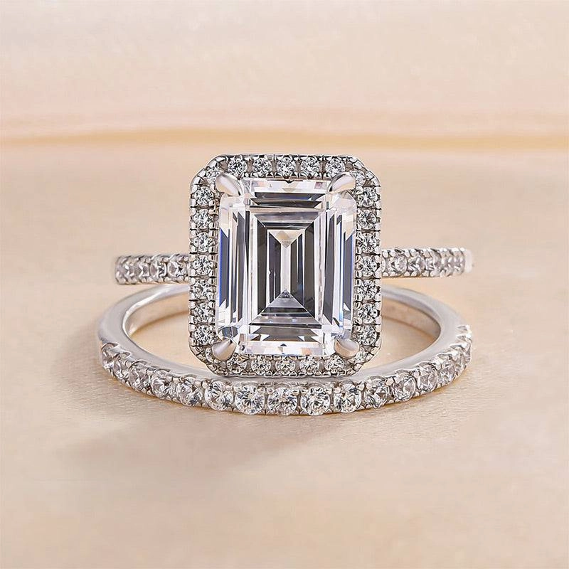 Louily Halo Emerald Cut Wedding Ring Set In Sterling Silver Handmade Glam