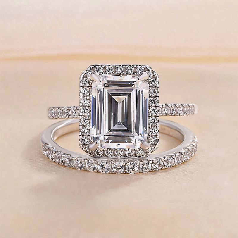 Elegant Gift Louily Halo Emerald Cut Wedding Ring Set In Sterling Silver