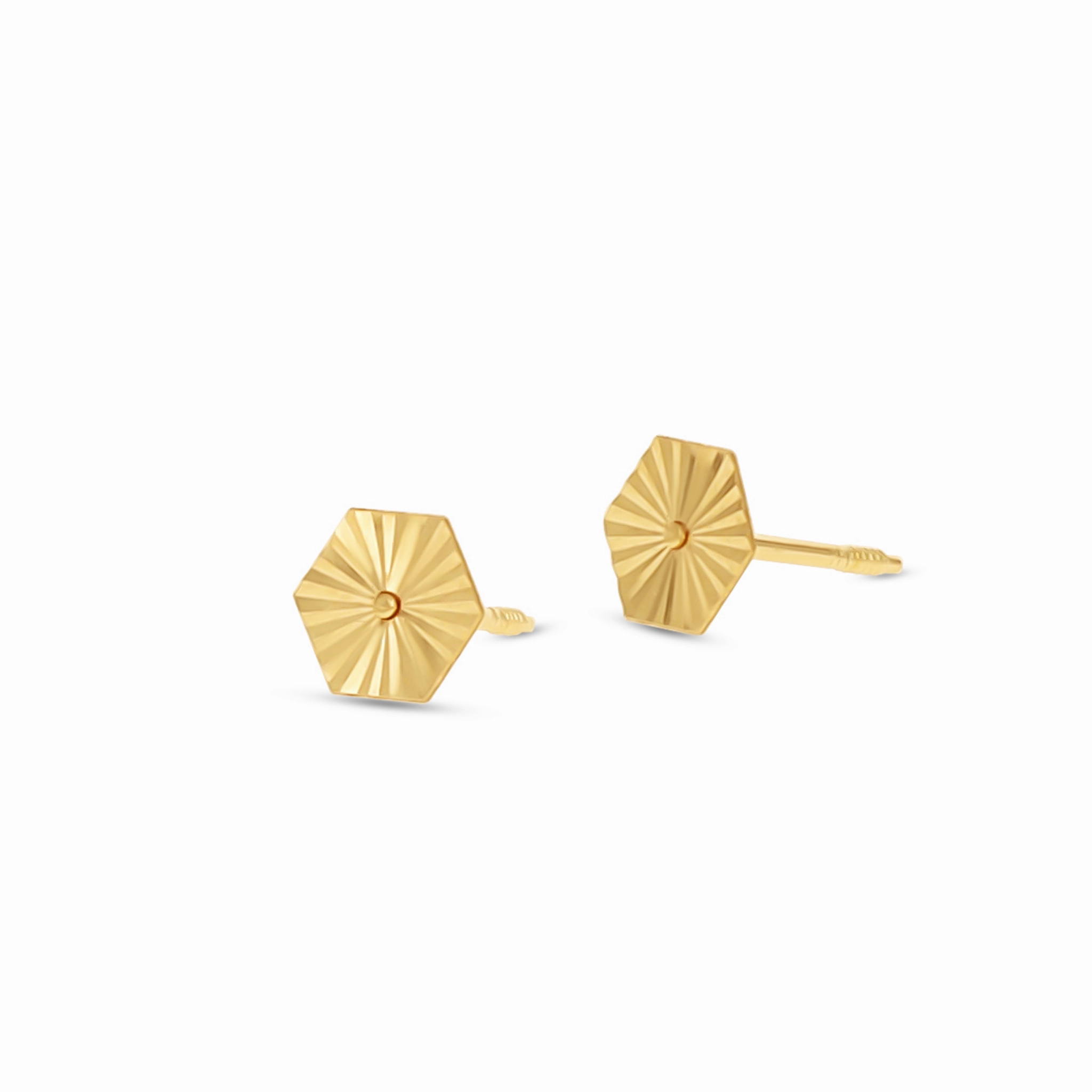 Luxury Tone Lightweight Glam Diamond Cut Hexagon 14K Stud Earrings
