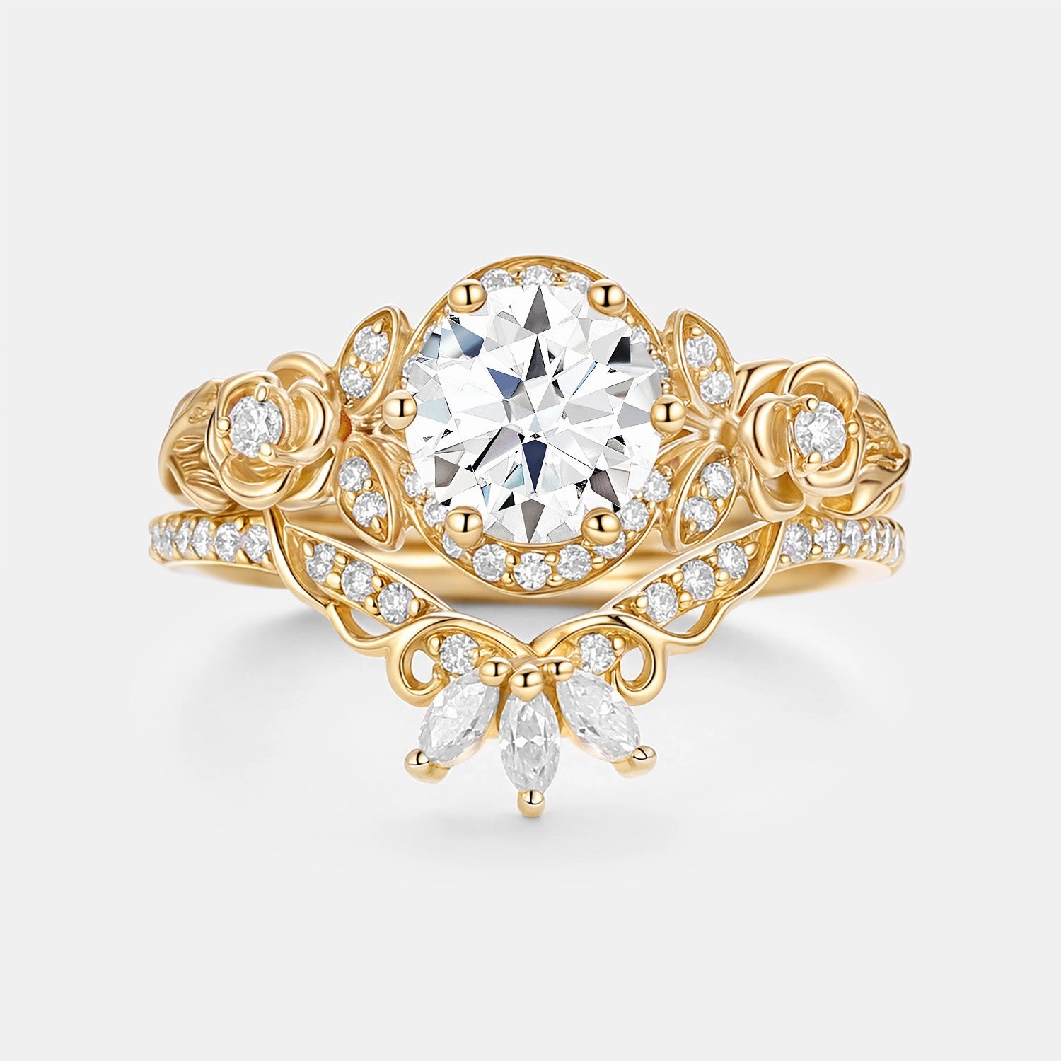 Round Cut Moissanite Flower Cluster Engagement Ring Set 2pcs Perfect Fit