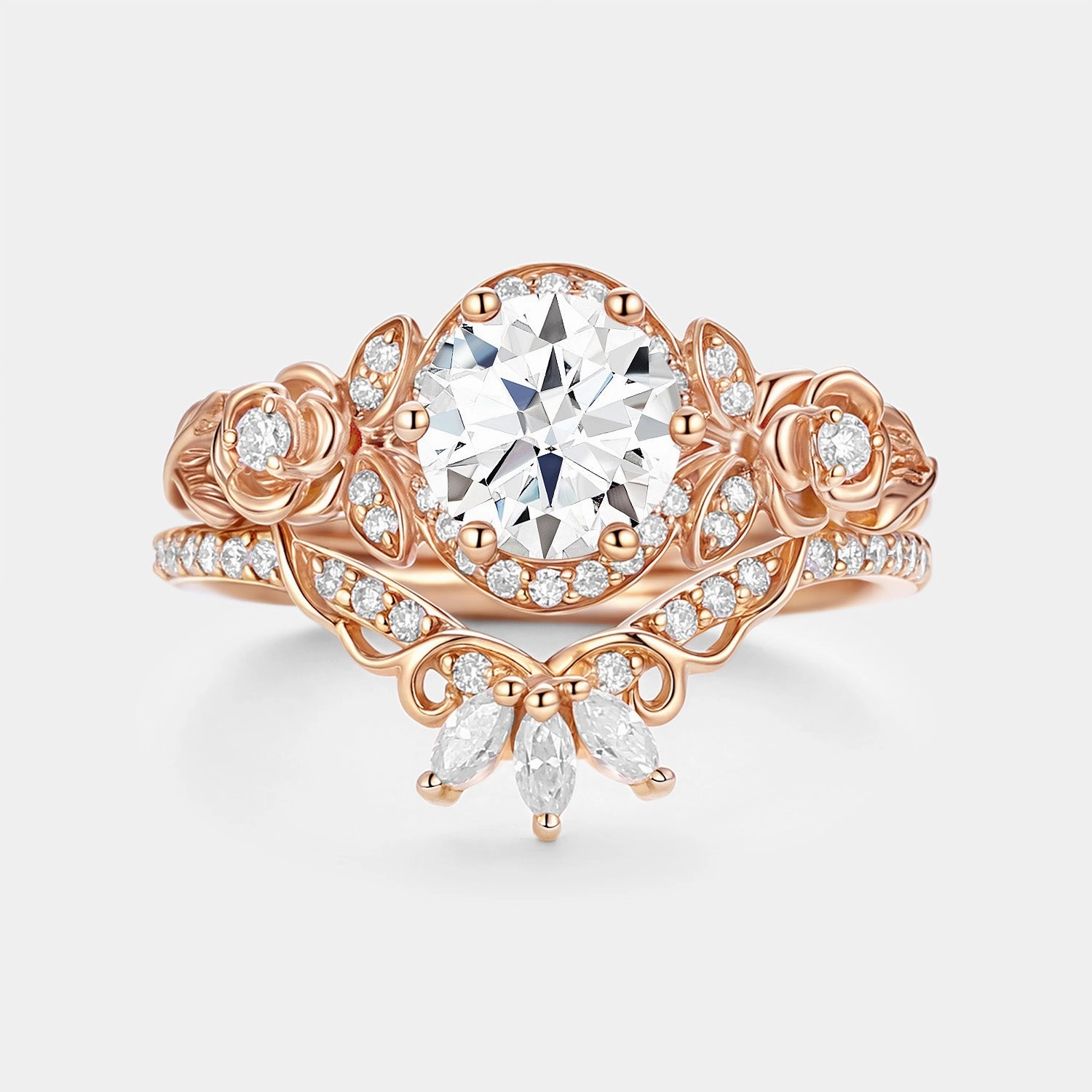 Mirror Selfie Round Cut Moissanite Flower Cluster Engagement Ring Set 2pcs