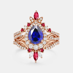 Glimmer Accent Stylish Vibe Pear Cut Lab Sapphire&Lab Ruby Signature Vintage Ring Set 3pcs