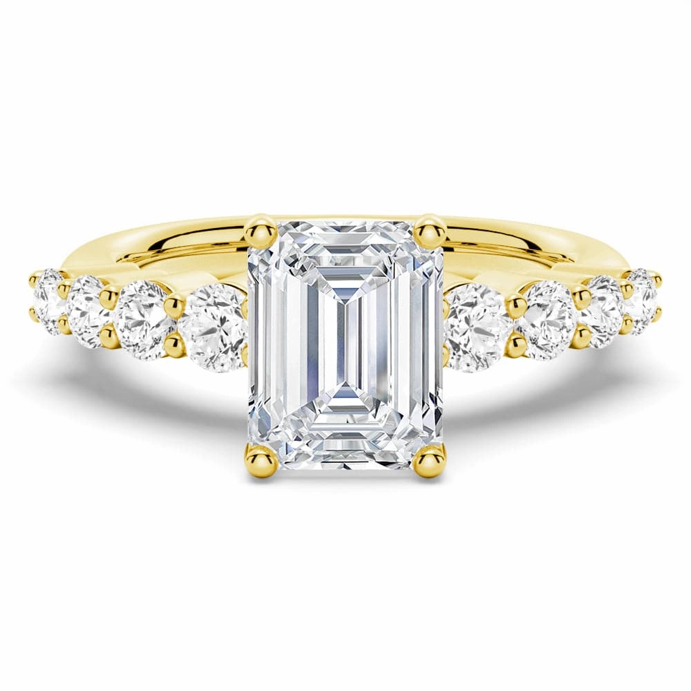 Exclusive Sparkle Shiny Detail Classic Shared Prong Emerald Cut Moissanite Engagement Ring