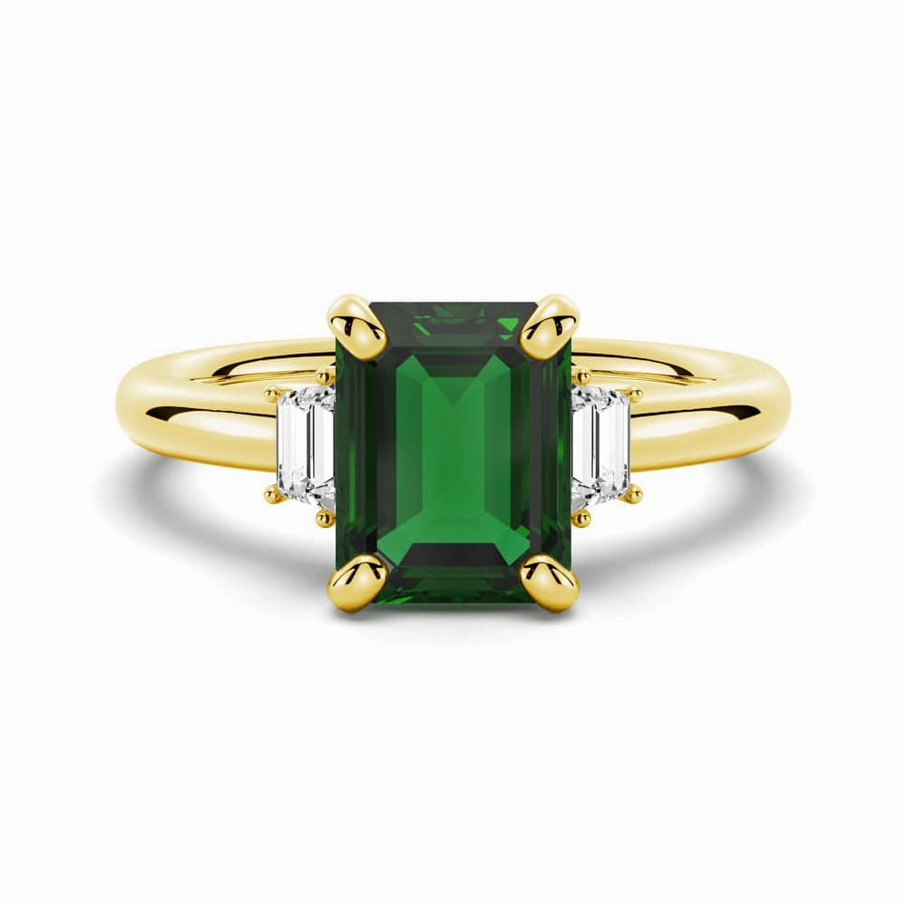 Delicate Highlight Bright Look Emerald Cut Emerald and White Sapphire Three Stone Ring