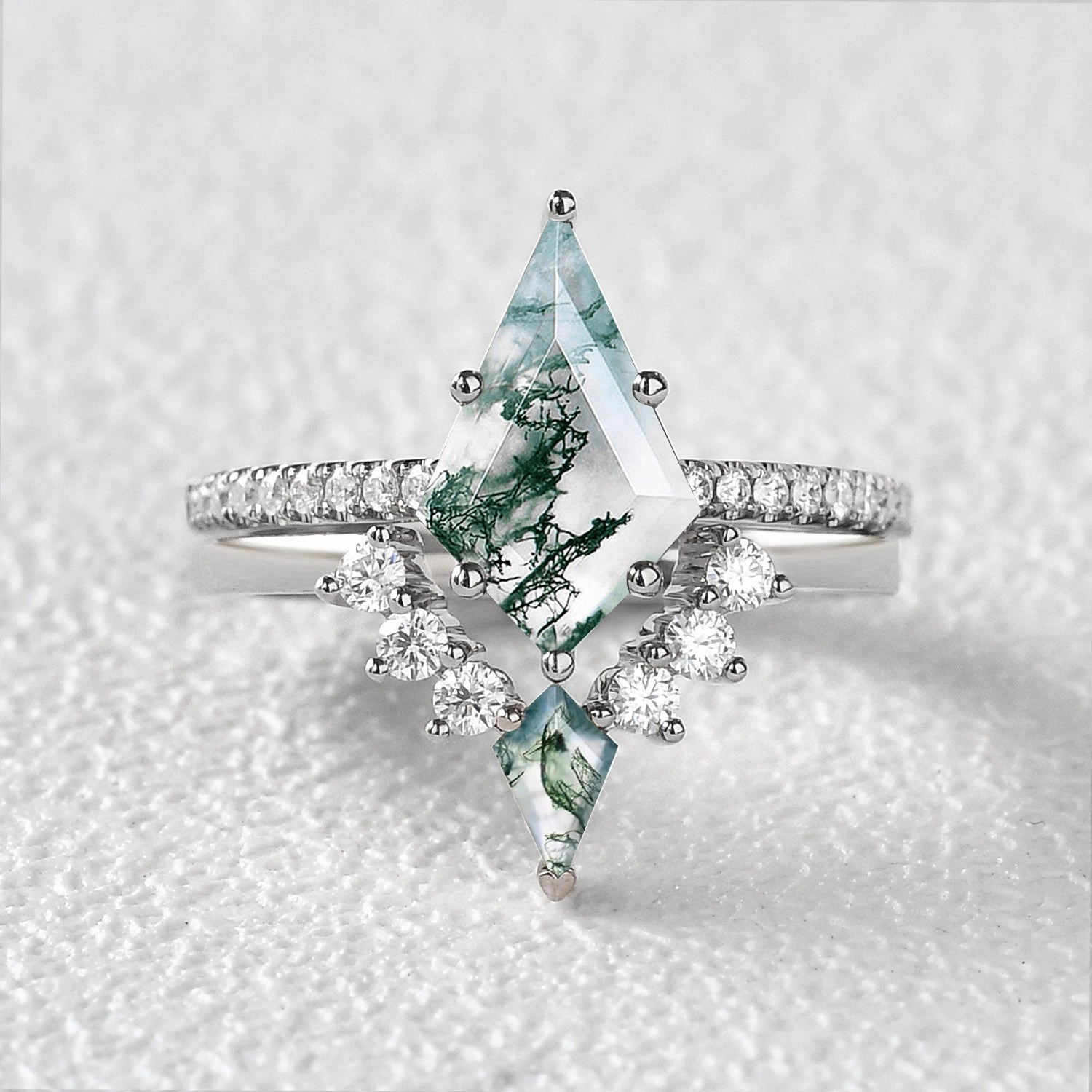 Twin Flames - Women Unique Kite Moss Agate Engagement Ring Sets 2pcs - Karen Fashion Shine