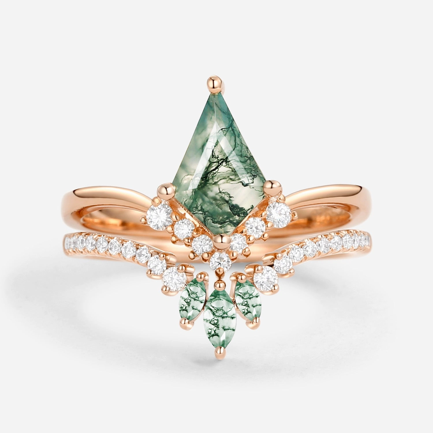Kite Cut Moss Agate Classic Engagement Bridal Set 2pcs - Aero Graceful Flow Unique Style