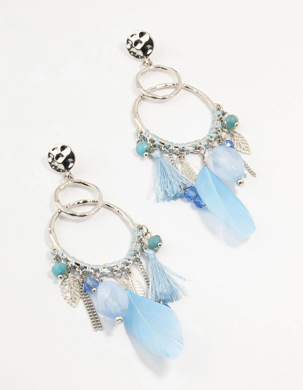Cozy Glam Silver Light Blue Feather Dream Catcher Drop Earrings