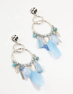 Cozy Glam Silver Light Blue Feather Dream Catcher Drop Earrings