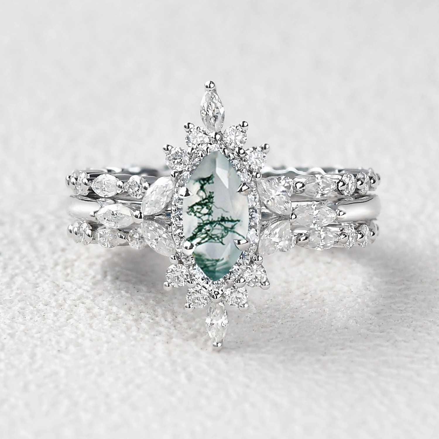 1.0ct Marquise Cut Moss Agate Cluster Vintage Ring Set 3pcs Everyday Finish