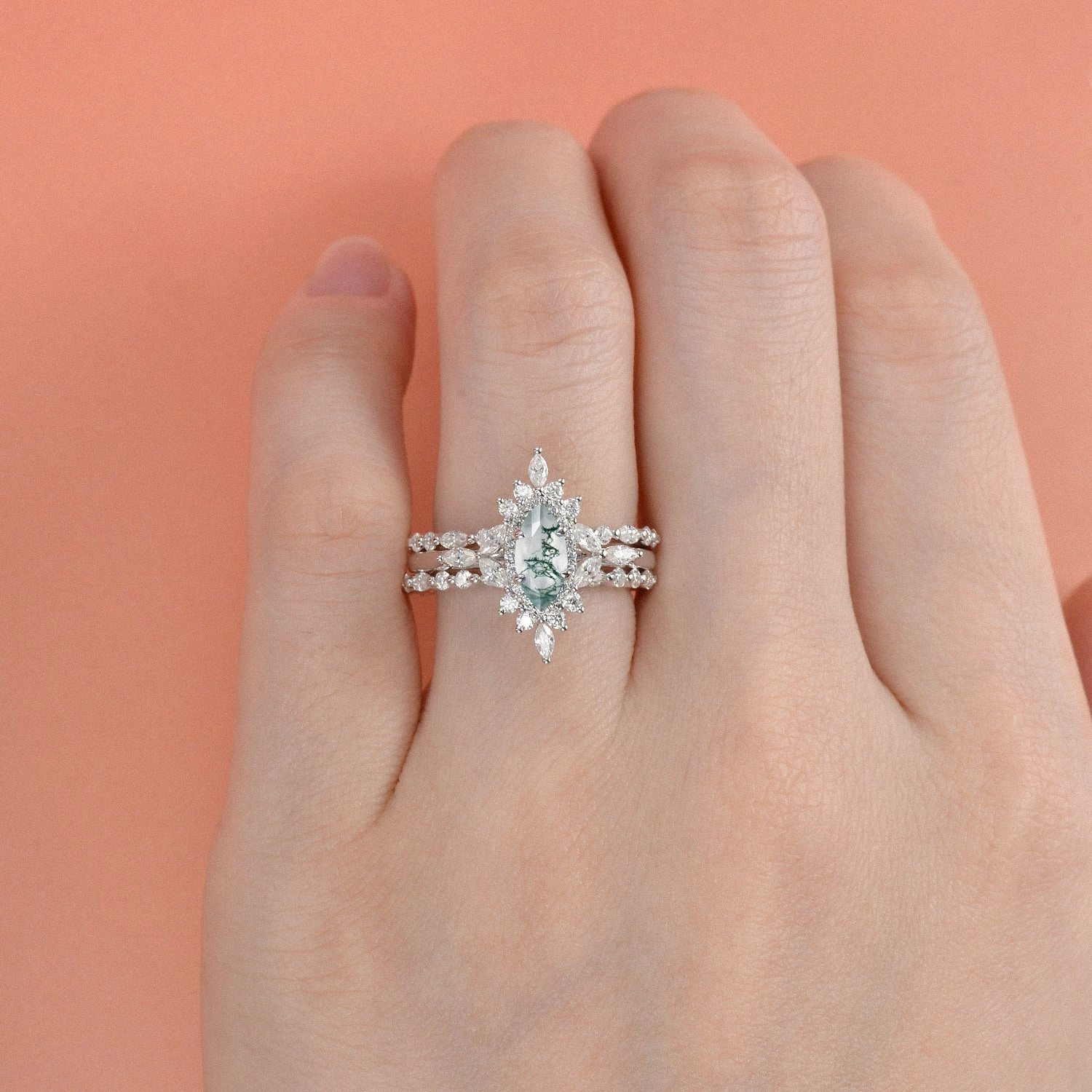 1.0ct Marquise Cut Moss Agate Cluster Vintage Ring Set 3pcs Luxe Touch Impressive Finish