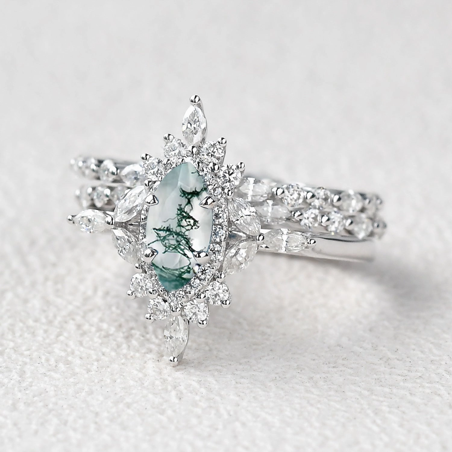 Eye Catching 1.0ct Marquise Cut Moss Agate Cluster Vintage Ring Set 3pcs