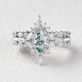 1.0ct Marquise Cut Moss Agate Cluster Vintage Ring Set 3pcs Everyday Finish