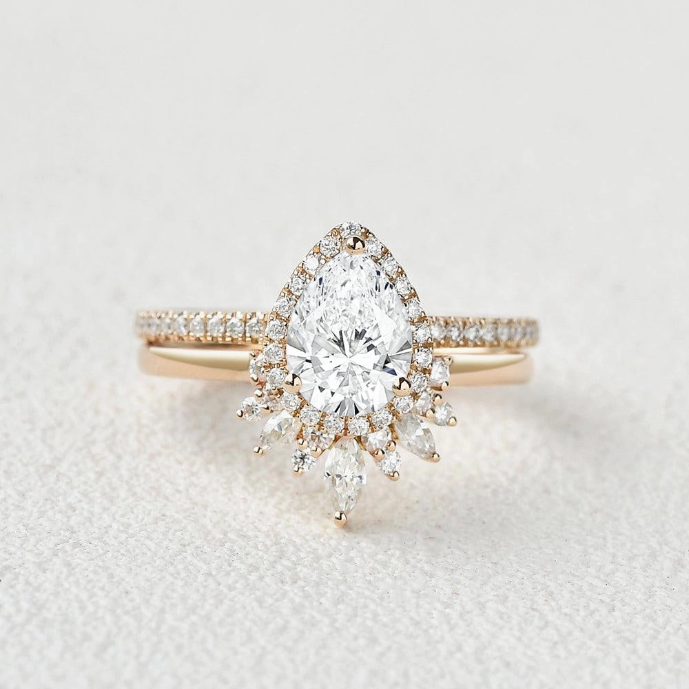 Refined Taste Pear Cut Lab Grown Diamond Halo Ring Set 2pcs