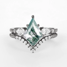 Stylish Choice Special Accent Black Gold Kite Moss Agate Three Stones Engagement Ring Set 2pcs