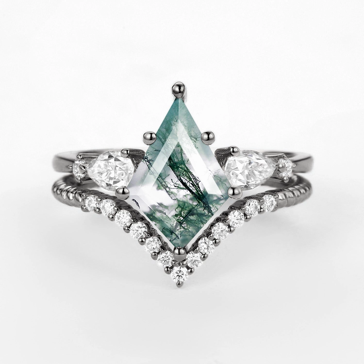 Urban Minimal Black Gold Kite Moss Agate Three Stones Engagement Ring Set 2pcs