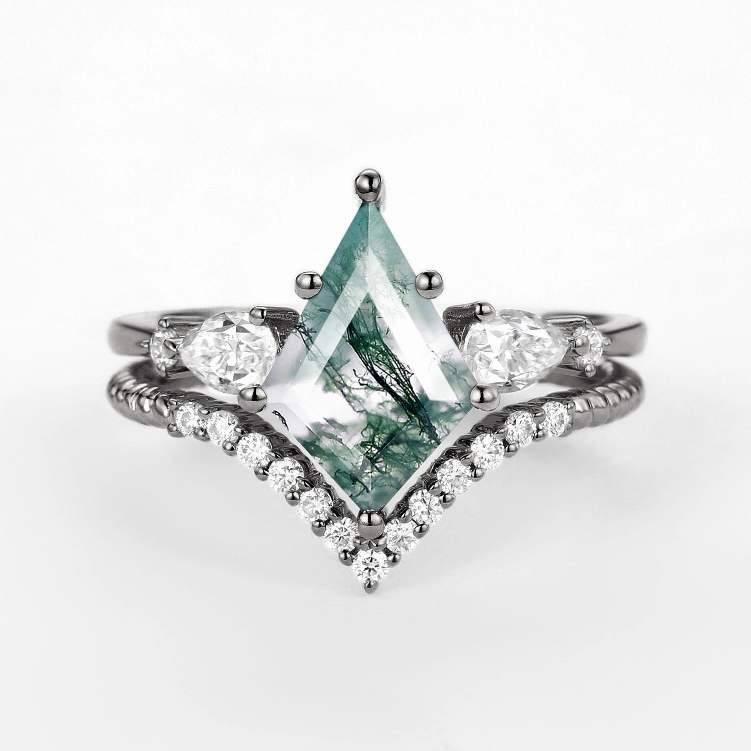 Stylish Choice Special Accent Black Gold Kite Moss Agate Three Stones Engagement Ring Set 2pcs