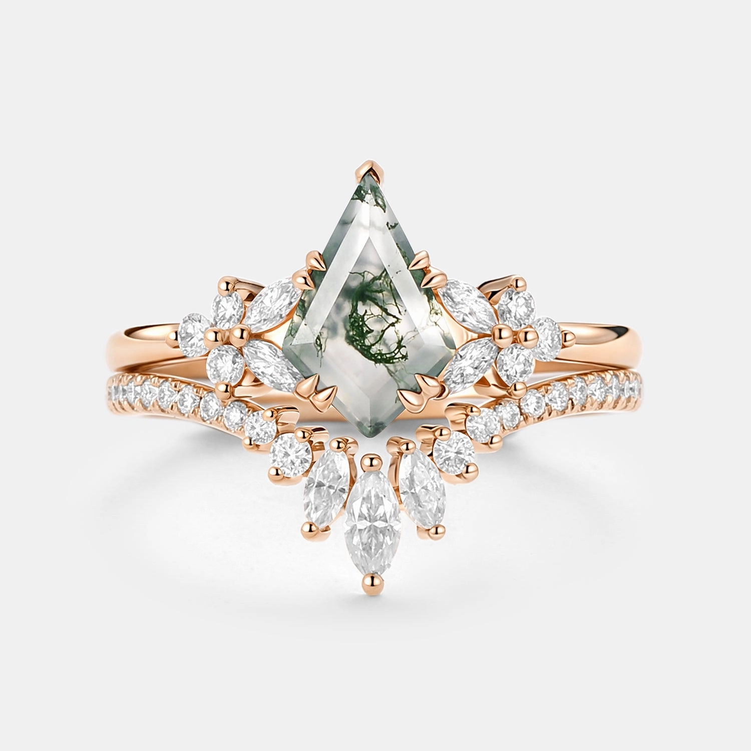 Finishing Accent Texture Play Kite Cut Moss Agate Cluster Engagement Ring Set 2pcs - Sora