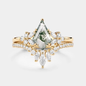 Kite Cut Moss Agate Cluster Engagement Ring Set 2pcs - Sora Occasion Look Pretty Pair