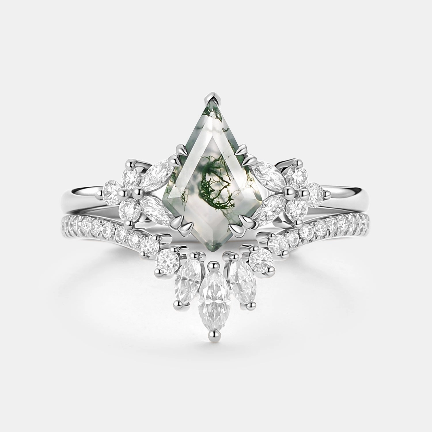 Kite Cut Moss Agate Cluster Engagement Ring Set 2pcs - Sora Shining Feature