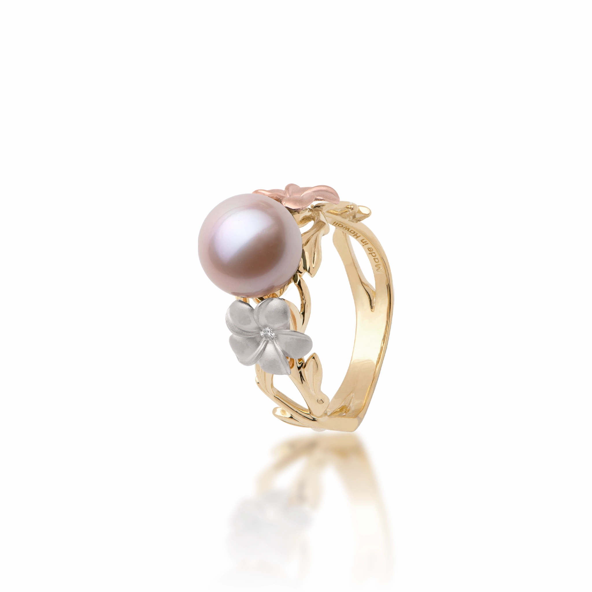 Pearls in Bloom Plumeria Lavender Freshwater Pearl Ring in Tri Color Gold with Diamonds - 8mm Time Honored Father Present