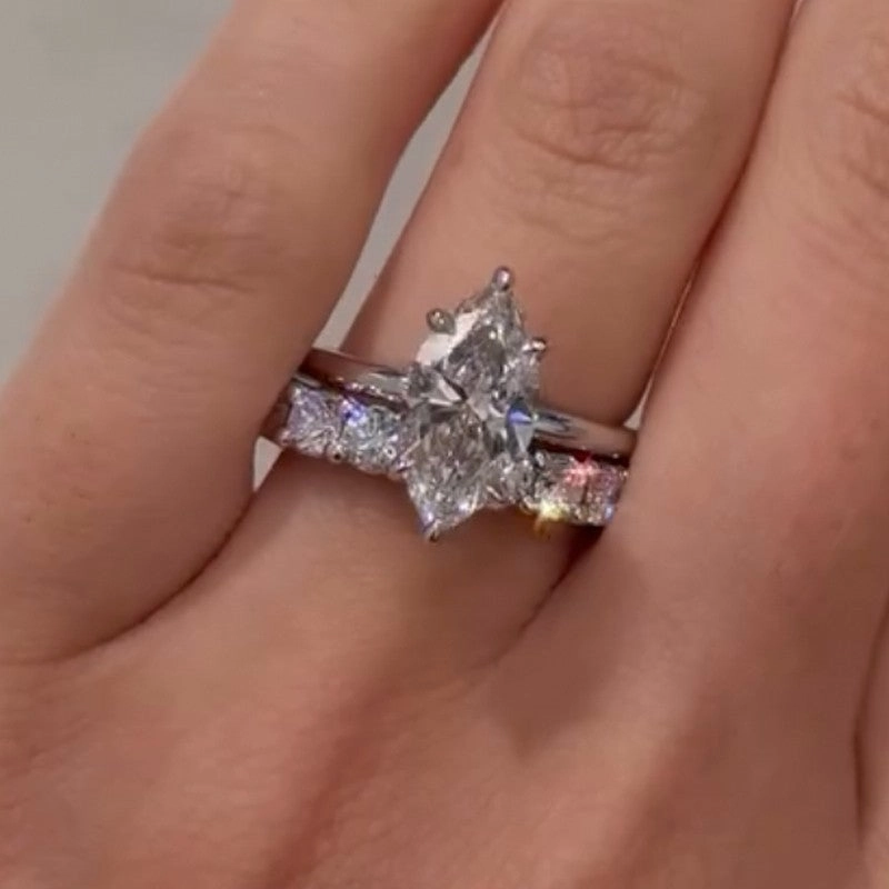 Unique Piece 4.0Ct Marquise Cut Hidden Halo Engagement Ring With Classic Wedding Band