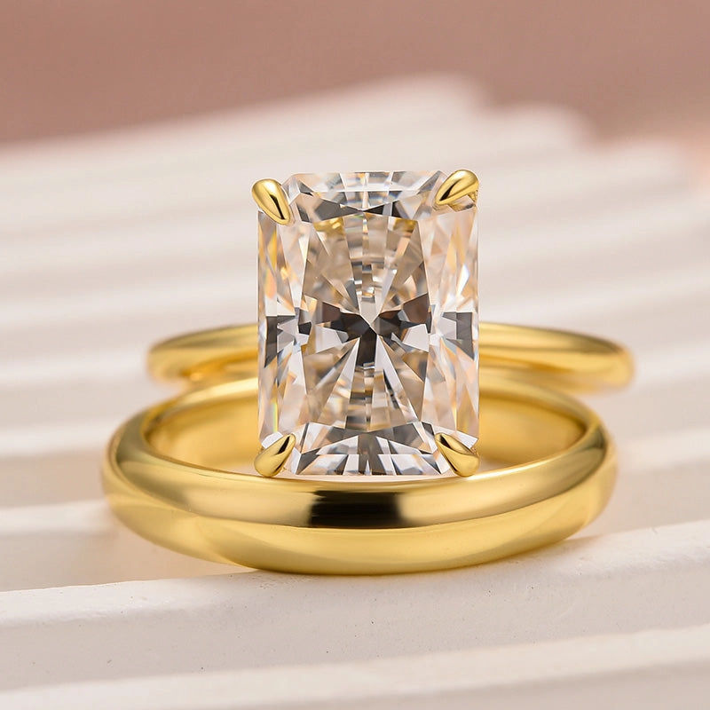 Chic Fashion Louily Moissanite 4.5 Ct Radiant Cut Yellow Gold Wedding Ring Set with Wide Band