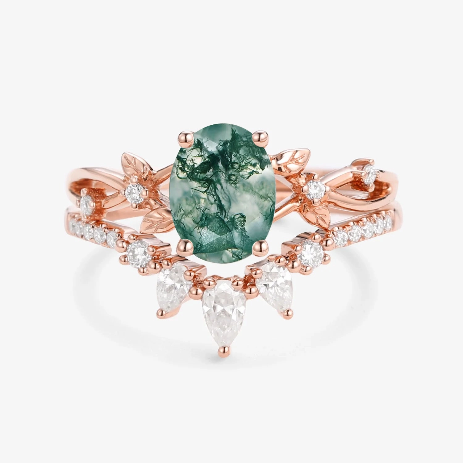 Graceful Line 1.5ct Oval Cut Moss Agate Leafy White Gold Ring Set 2pcs - Wrenley