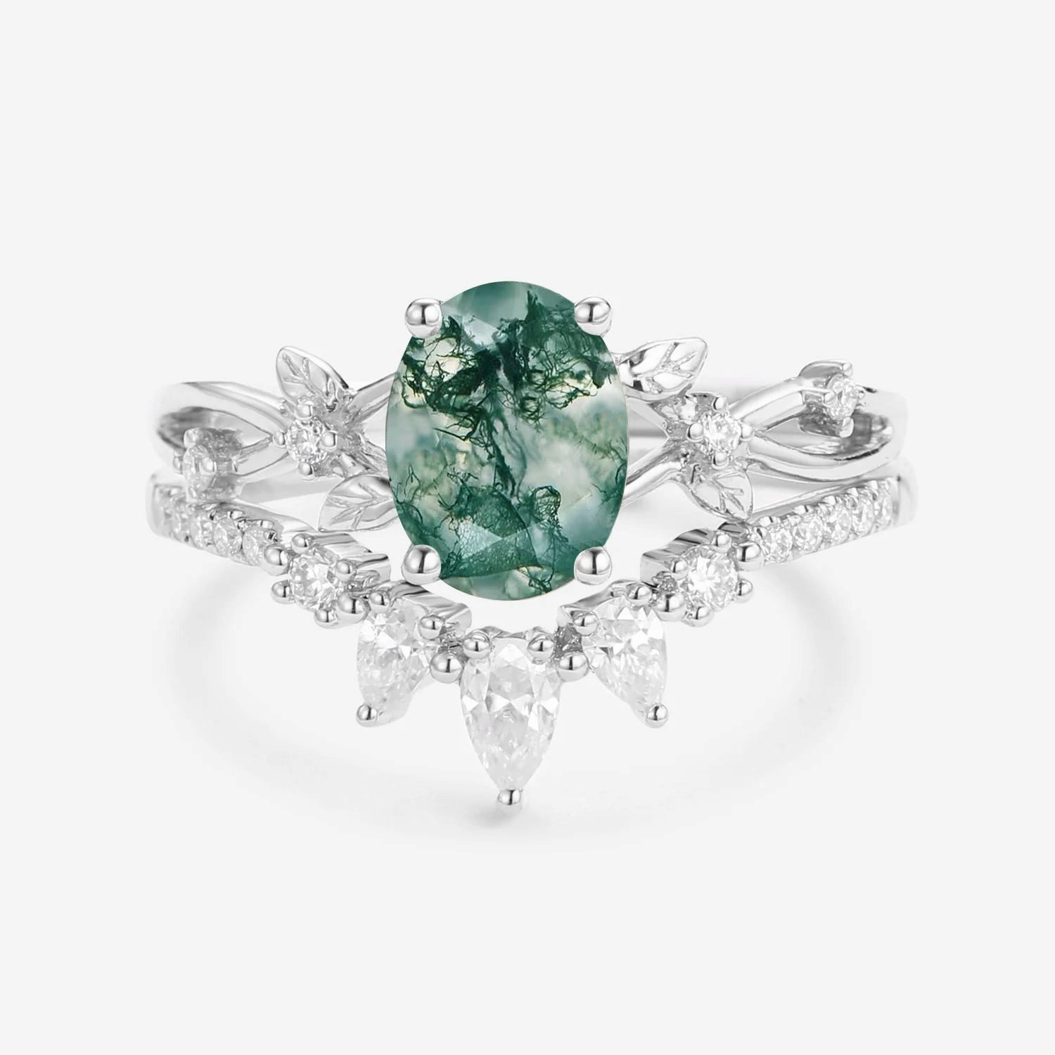1.5ct Oval Cut Moss Agate Leafy White Gold Ring Set 2pcs - Wrenley Unique Pieces