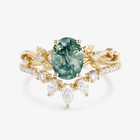 1.5ct Oval Cut Moss Agate Leafy White Gold Ring Set 2pcs - Wrenley Handcrafted Treasures