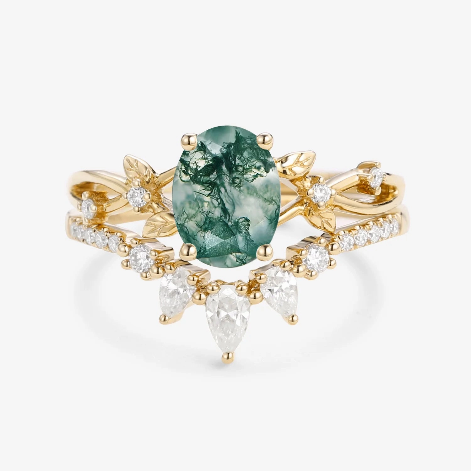 1.5ct Oval Cut Moss Agate Leafy White Gold Ring Set 2pcs - Wrenley Handcrafted Treasures