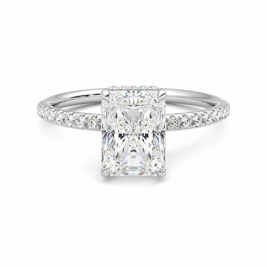 Vivid Charm Glistening Shine Radiant Cut Moissanite Engagement Ring with Hidden Halo and Anniversary Stone Accent