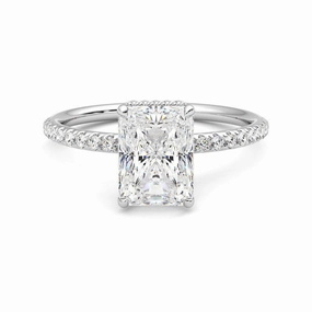 Vivid Charm Glistening Shine Radiant Cut Moissanite Engagement Ring with Hidden Halo and Anniversary Stone Accent