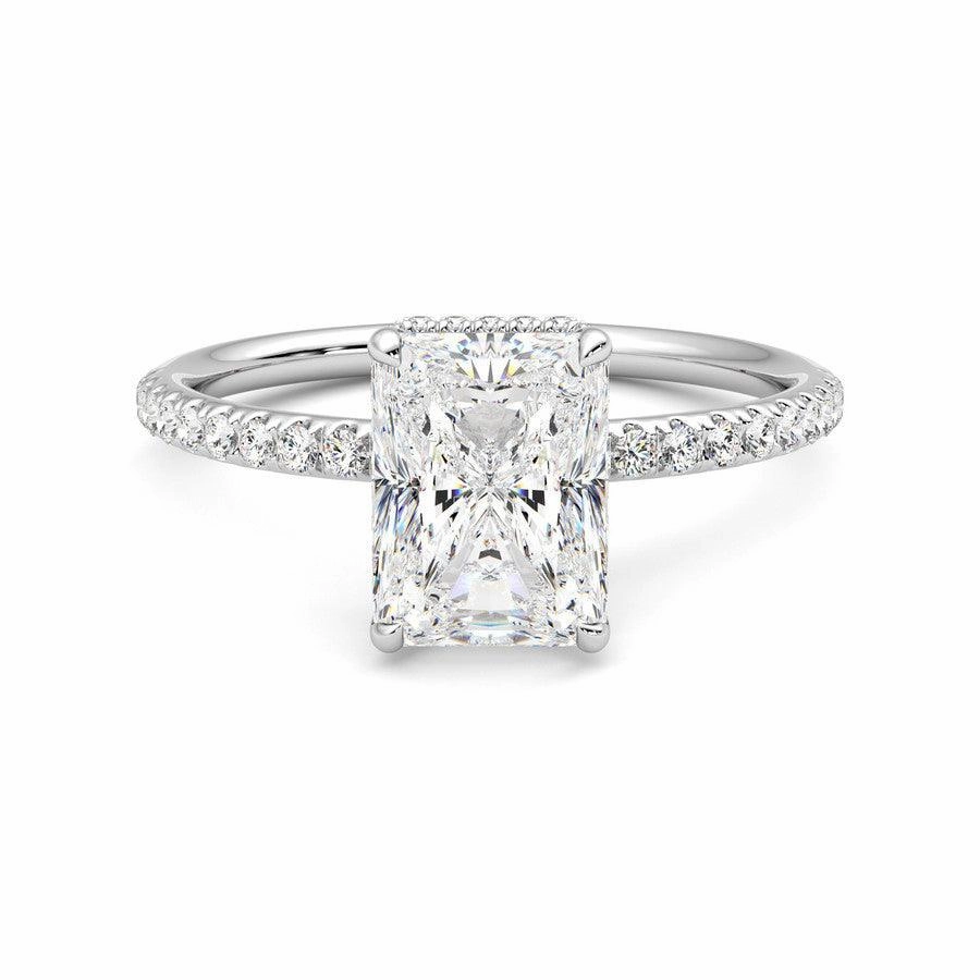 Radiant Cut Moissanite Engagement Ring with Hidden Halo and Anniversary Stone Accent Refined Elegance Soft Texture