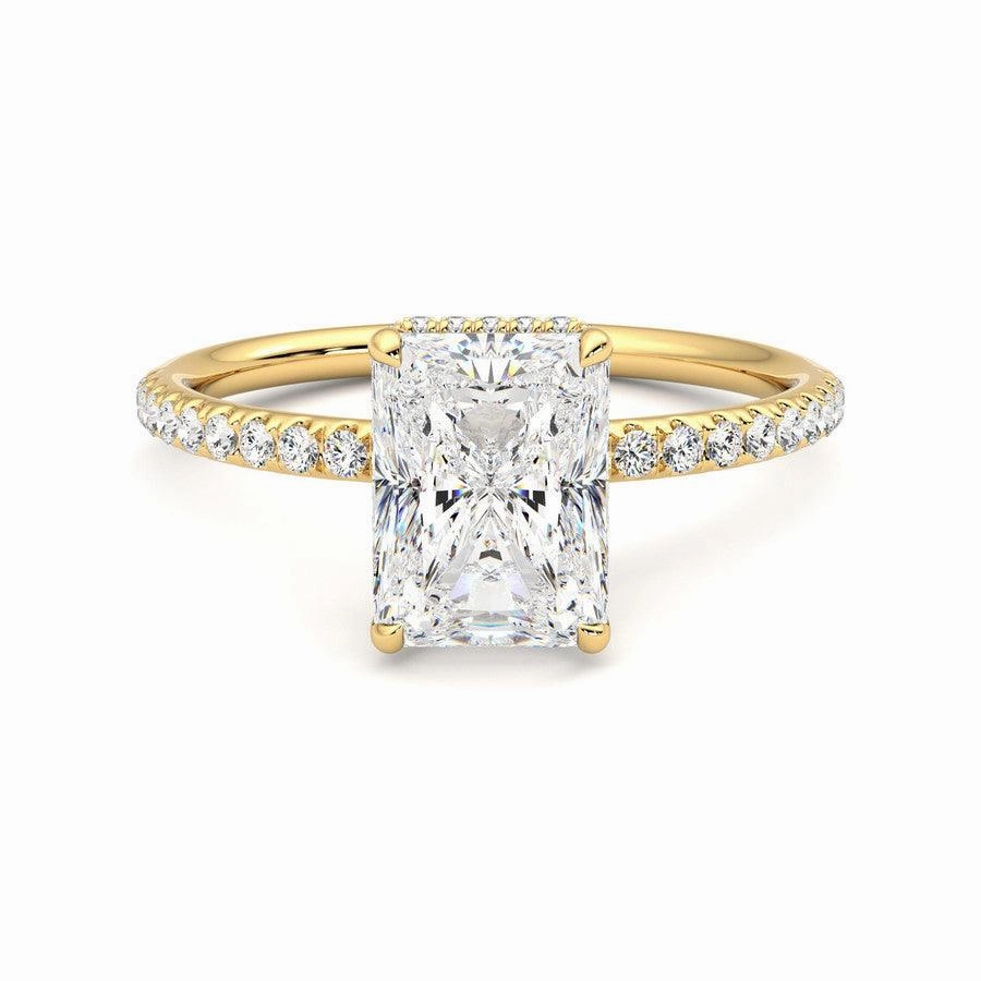 Radiant Cut Moissanite Engagement Ring with Hidden Halo and Anniversary Stone Accent Luxury Edge Shimmer Effect