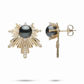 Dainty Trinket Gorgeous Design E Ho???la Tahitian Black Pearl Earrings in Gold with Diamonds - 23mm