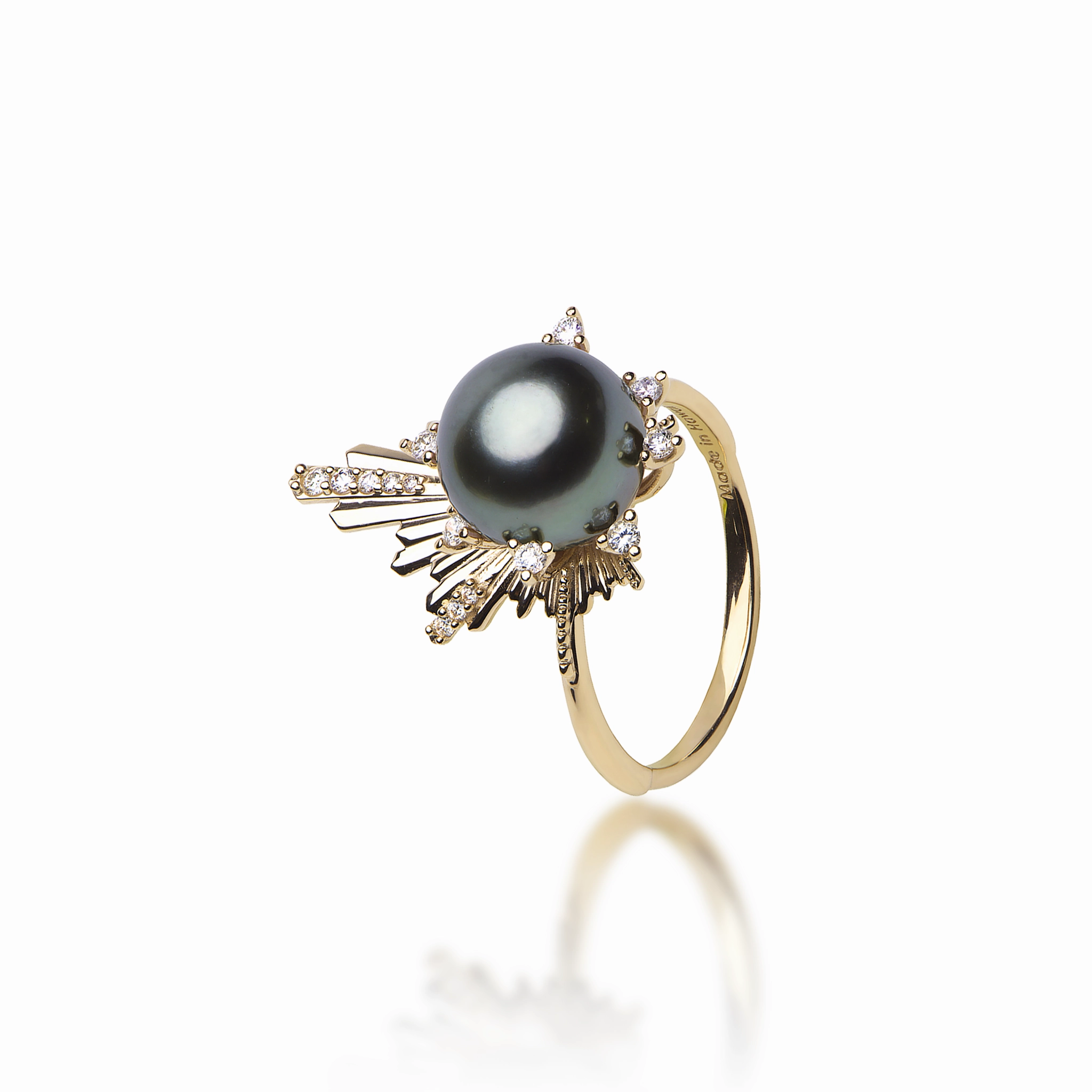 Classic Detail High-End Jewelry E Ho???la Tahitian Black Pearl Ring in Gold with Diamonds - 21mm