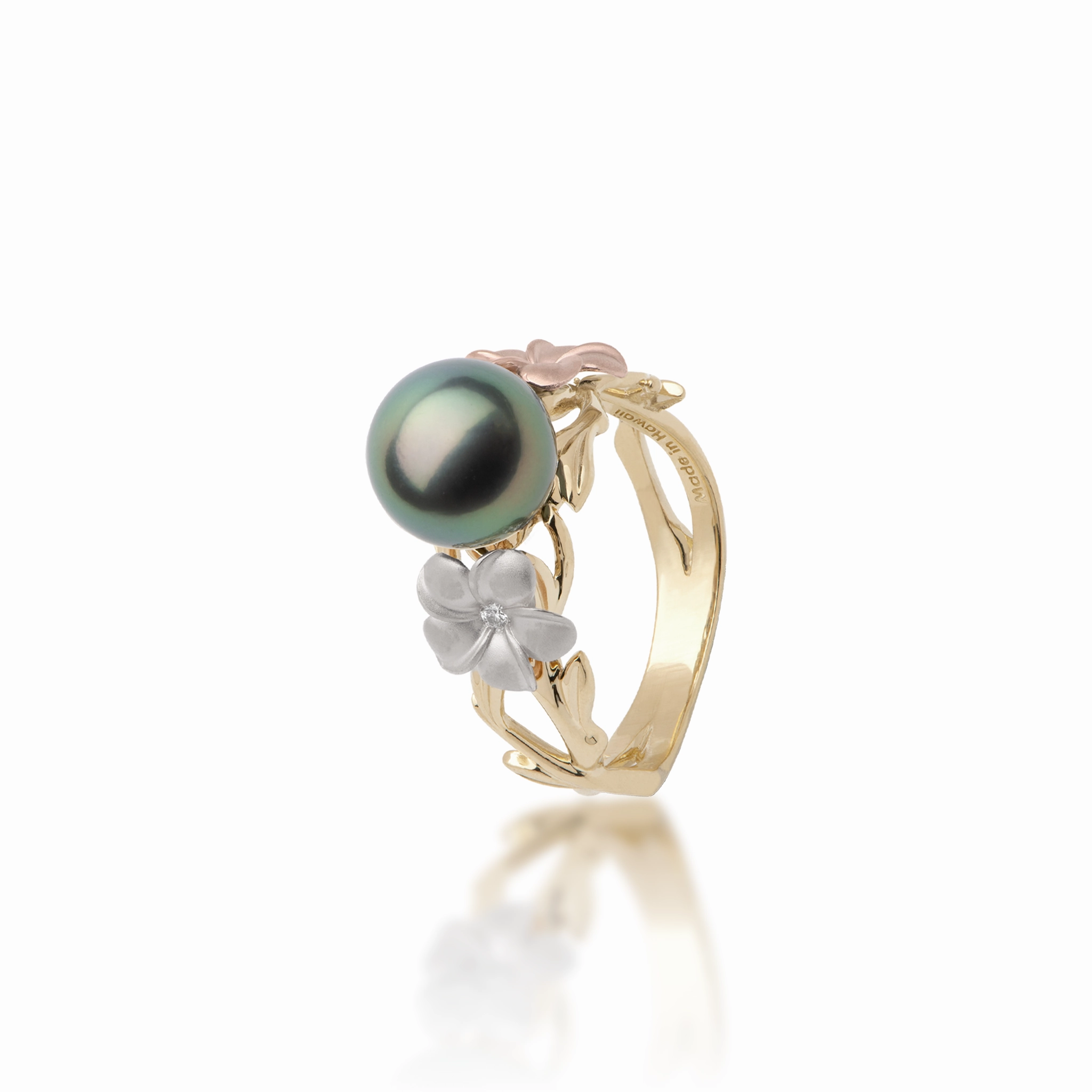 Pearls in Bloom Plumeria Tahitian Black Pearl Ring in Tri Color Gold with Diamonds - 8mm Heavyweight Feel
