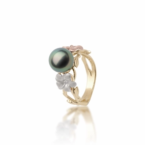 Pearls in Bloom Plumeria Tahitian Black Pearl Ring in Tri Color Gold with Diamonds - 8mm Heavyweight Feel