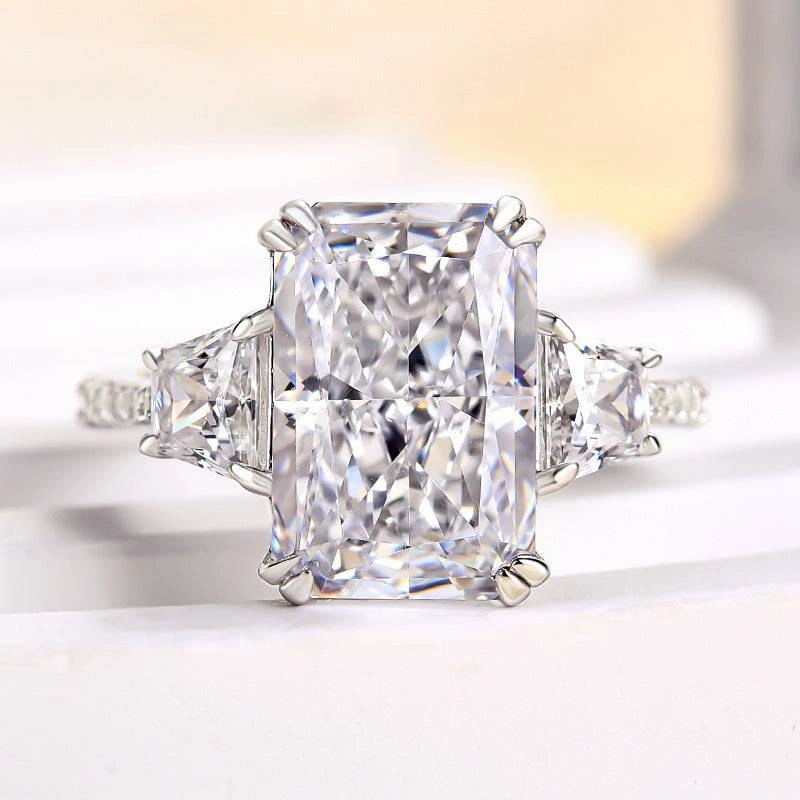 Louily Gorgeous Three Stone Crushed Ice Radiant Cut Engagement Ring Textile Shine