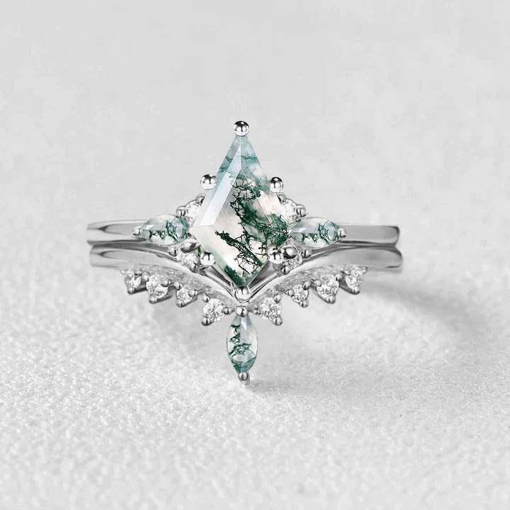 Shiny Details Timeless Embellishments Kite Cut Moss Agate Cluster Engagement Ring Sets 2pcs