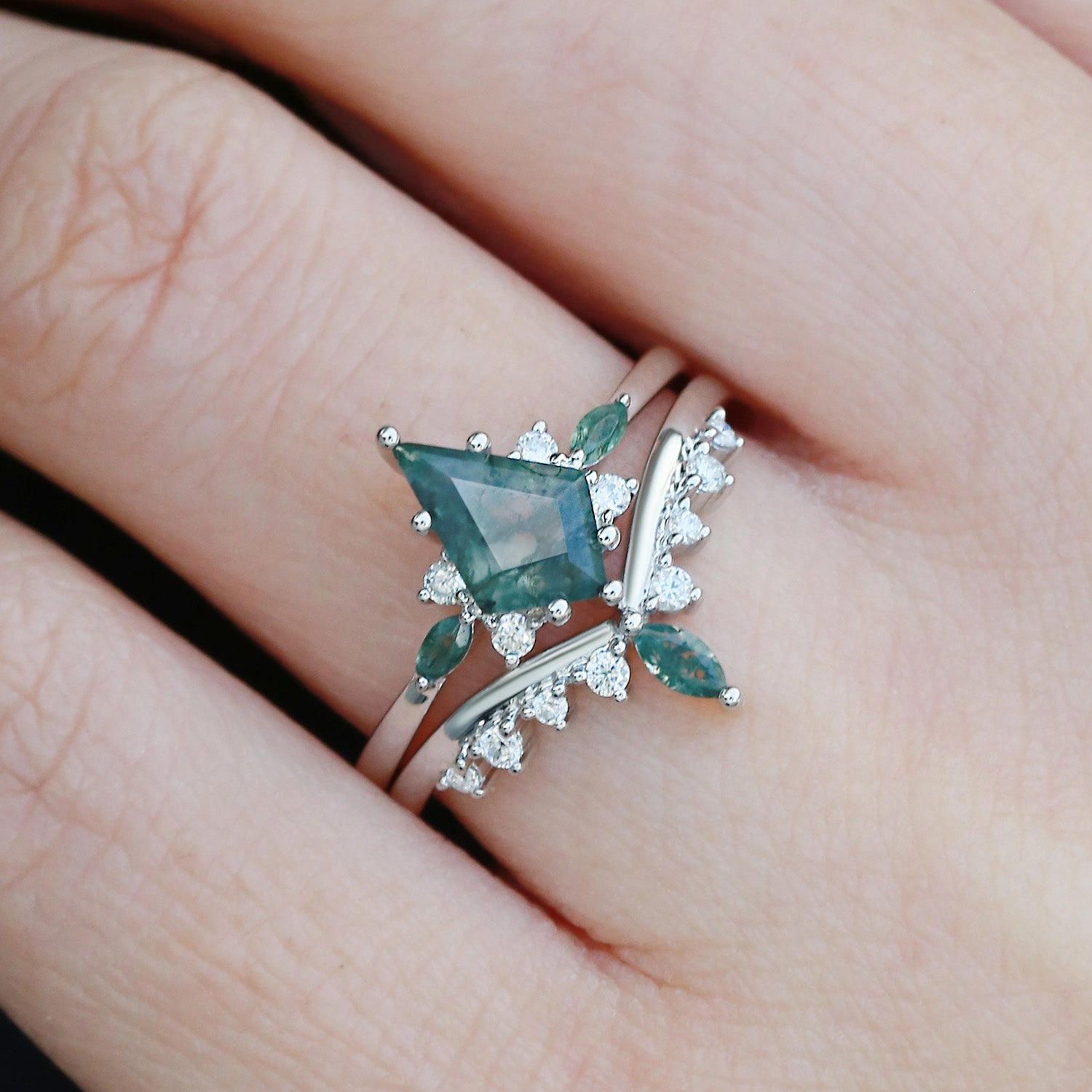 Party Vibe Kite Cut Moss Agate Cluster Engagement Ring Sets 2pcs