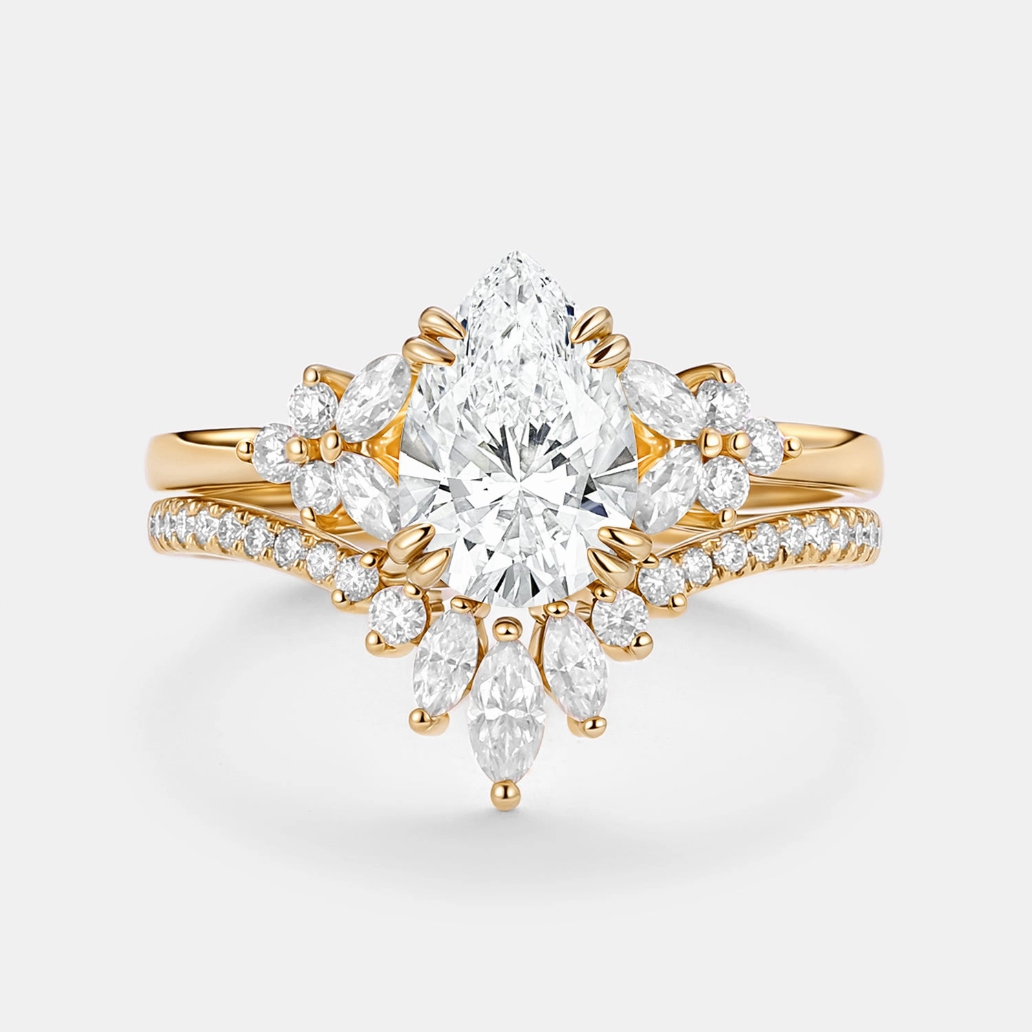 Pear Cut Lab Grown Diamond Curved Engagement Ring Set 2pcs - Della Creative Craft Stylish Pop