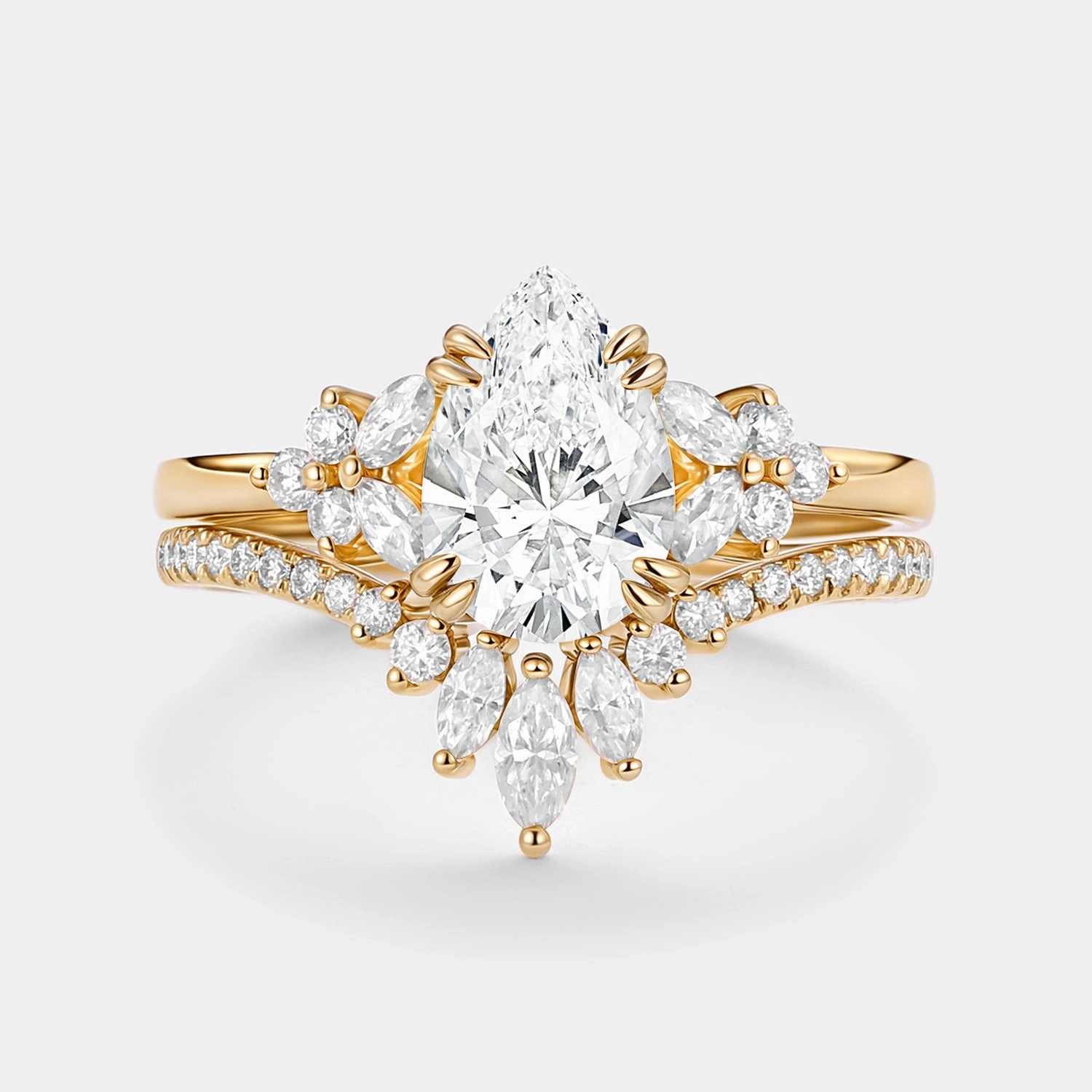 Pear Cut Lab Grown Diamond Curved Engagement Ring Set 2pcs - Della Timeless Gem All Season