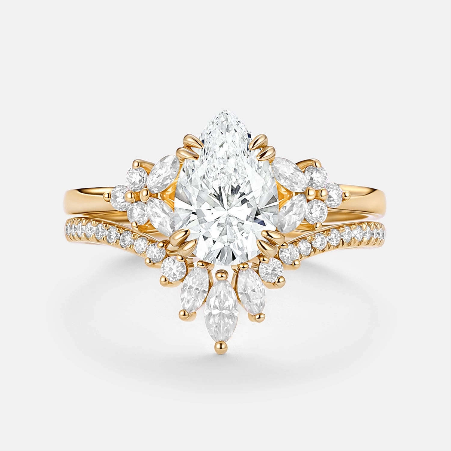 Pear Cut Lab Grown Diamond Curved Engagement Ring Set 2pcs - Della Vibrant Form